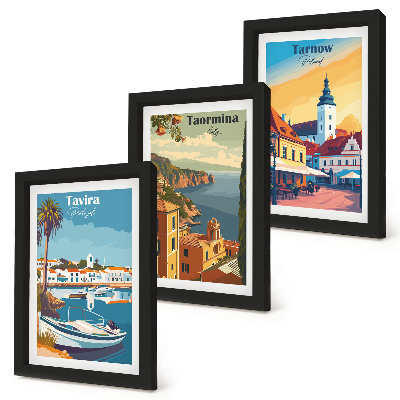Conjunto de 3 quadros decorativos Vistas de cidades costeiras e sua arquitetura.