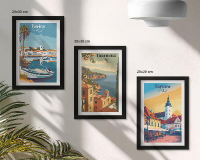 Conjunto de 3 quadros decorativos Vistas de cidades costeiras e sua arquitetura.