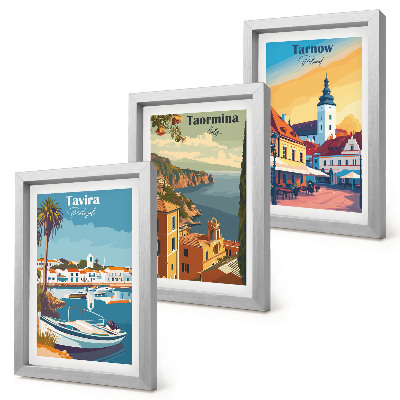 Conjunto de 3 quadros decorativos Vistas de cidades costeiras e sua arquitetura.