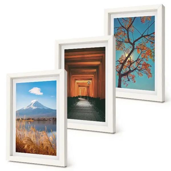 Conjunto de quadros com imagens paisagens japonesas com elementos da natureza e arquitetura da Ásia