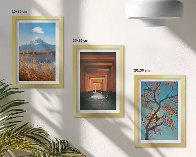 Conjunto de quadros com imagens paisagens japonesas com elementos da natureza e arquitetura da Ásia