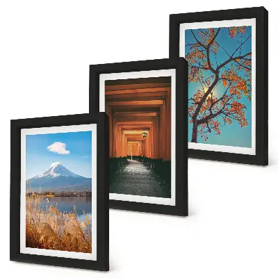 Conjunto de quadros com imagens paisagens japonesas com elementos da natureza e arquitetura da Ásia