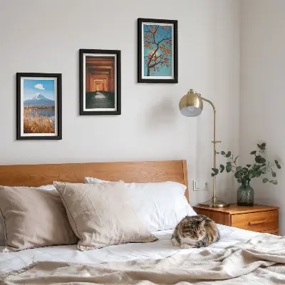 Conjunto de quadros com imagens paisagens japonesas com elementos da natureza e arquitetura da Ásia