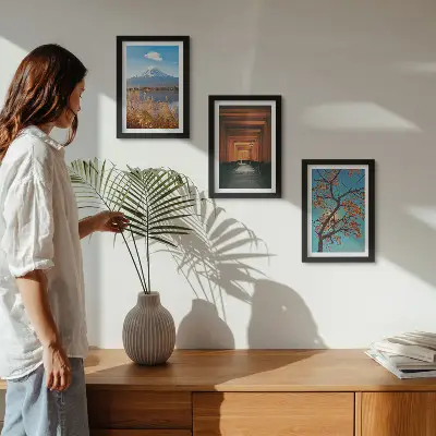 Conjunto de quadros com imagens paisagens japonesas com elementos da natureza e arquitetura da Ásia