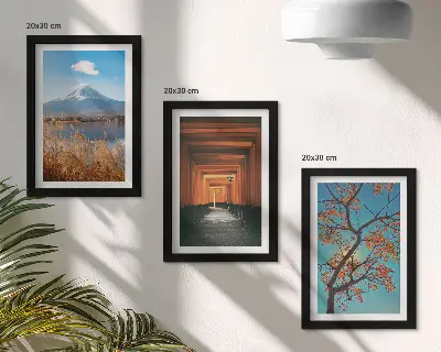 Conjunto de quadros com imagens paisagens japonesas com elementos da natureza e arquitetura da Ásia