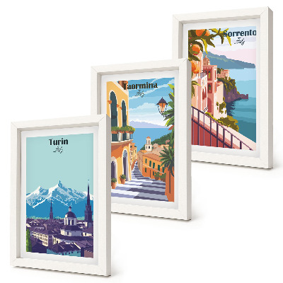 Tríptico com moldura Ilustrações coloridas de paisagens urbanas em estilo retrô.