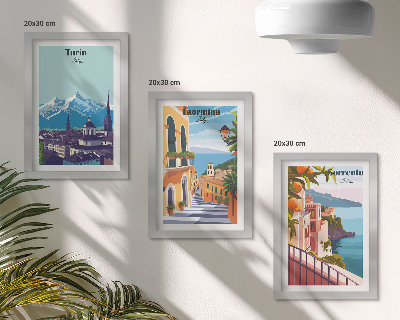 Tríptico com moldura Ilustrações coloridas de paisagens urbanas em estilo retrô.