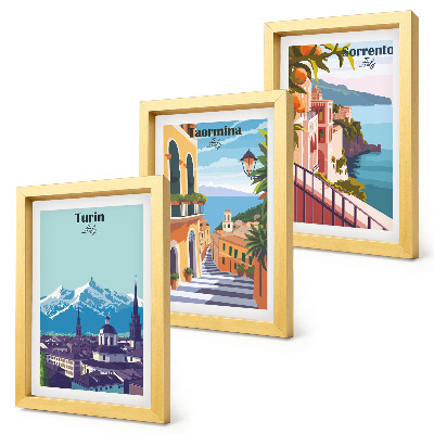 Tríptico com moldura Ilustrações coloridas de paisagens urbanas em estilo retrô.