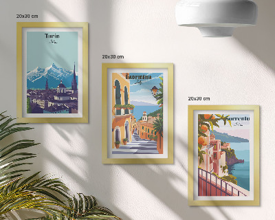 Tríptico com moldura Ilustrações coloridas de paisagens urbanas em estilo retrô.