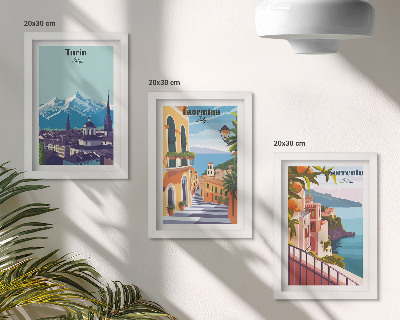 Tríptico com moldura Ilustrações coloridas de paisagens urbanas em estilo retrô.