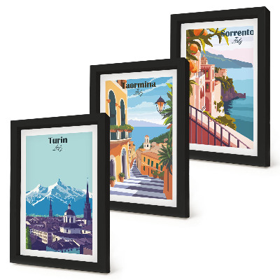 Tríptico com moldura Ilustrações coloridas de paisagens urbanas em estilo retrô.