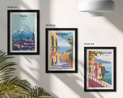 Tríptico com moldura Ilustrações coloridas de paisagens urbanas em estilo retrô.