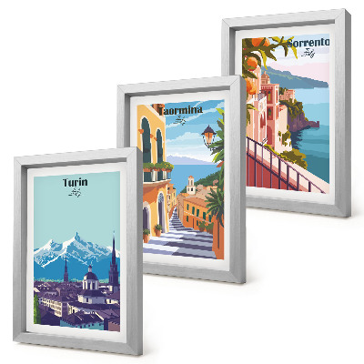 Tríptico com moldura Ilustrações coloridas de paisagens urbanas em estilo retrô.