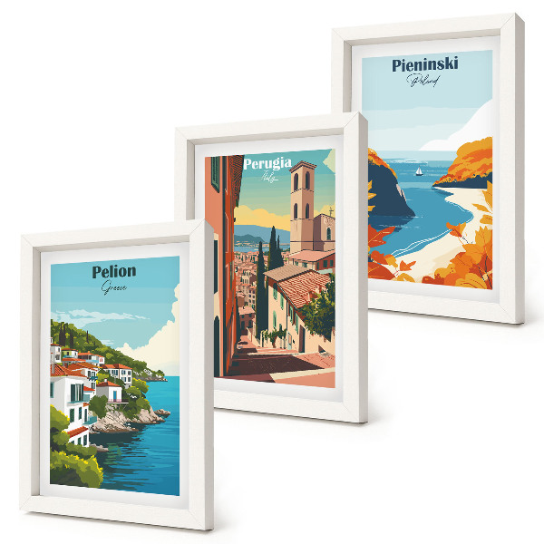 Conjunto de 3 quadros decorativos Paisagens pitorescas em estilo retrô