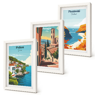 Conjunto de 3 quadros decorativos Paisagens pitorescas em estilo retrô