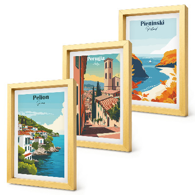 Conjunto de 3 quadros decorativos Paisagens pitorescas em estilo retrô