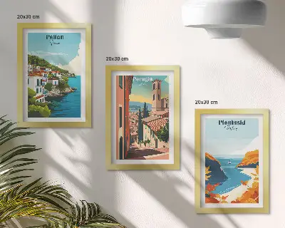 Conjunto de 3 quadros decorativos com paisagens pitorescas em estilo retrô