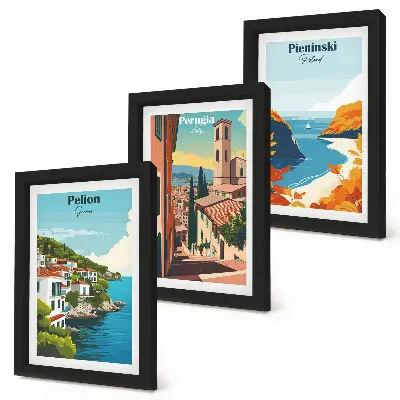 Conjunto de 3 quadros decorativos com paisagens pitorescas em estilo retrô