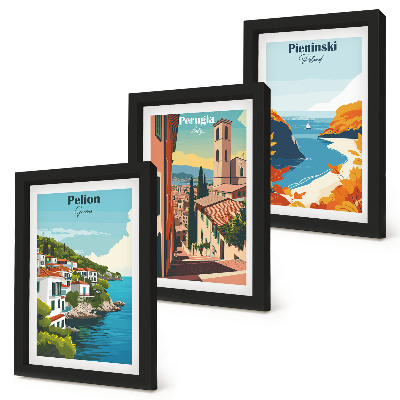 Conjunto de 3 quadros decorativos Paisagens pitorescas em estilo retrô