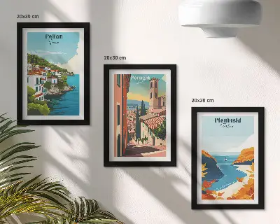 Conjunto de 3 quadros decorativos com paisagens pitorescas em estilo retrô