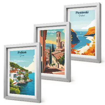 Conjunto de 3 quadros decorativos com paisagens pitorescas em estilo retrô