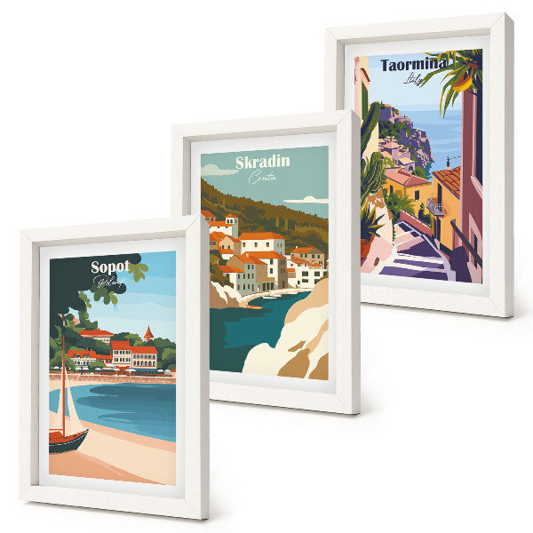 Conjunto de molduras com imagens Ilustrações elegantes de vistas da cidade litorânea