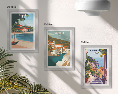 Conjunto de molduras com imagens Ilustrações elegantes de vistas da cidade litorânea