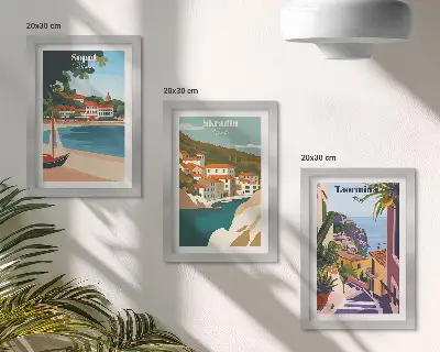 Conjunto de quadros com ilustrações vistas elegantes de cidades litorâneas