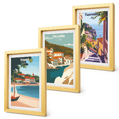Conjunto de molduras com imagens Ilustrações elegantes de vistas da cidade litorânea