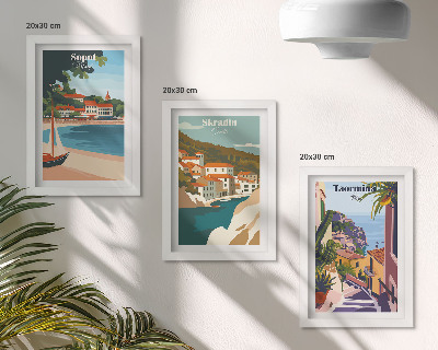 Conjunto de molduras com imagens Ilustrações elegantes de vistas da cidade litorânea