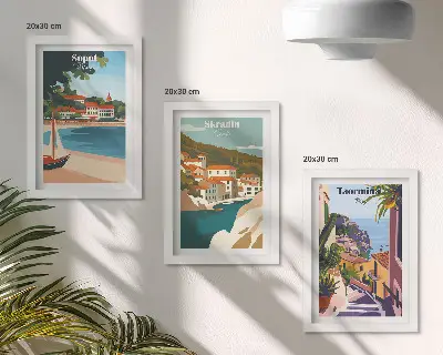 Conjunto de quadros com ilustrações vistas elegantes de cidades litorâneas