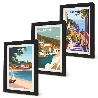 Conjunto de molduras com imagens Ilustrações elegantes de vistas da cidade litorânea