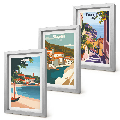 Conjunto de molduras com imagens Ilustrações elegantes de vistas da cidade litorânea