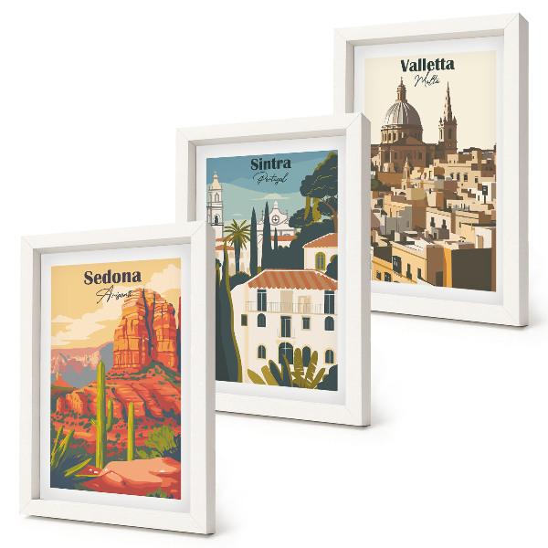 Tríptico com moldura Paisagens urbanas retrô de Sedona, Sintra e Valletta
