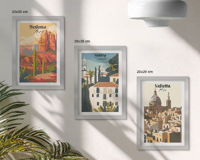 Tríptico com moldura Paisagens urbanas retrô de Sedona, Sintra e Valletta