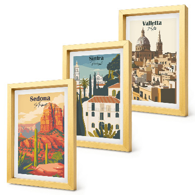 Tríptico com moldura Paisagens urbanas retrô de Sedona, Sintra e Valletta