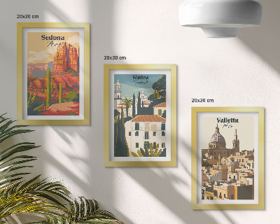 Tríptico com moldura Paisagens urbanas retrô de Sedona, Sintra e Valletta