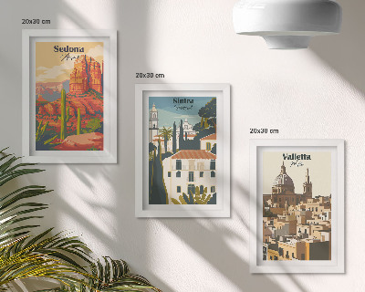 Tríptico com moldura Paisagens urbanas retrô de Sedona, Sintra e Valletta