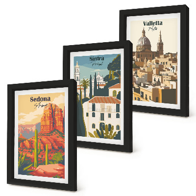Tríptico com moldura Paisagens urbanas retrô de Sedona, Sintra e Valletta