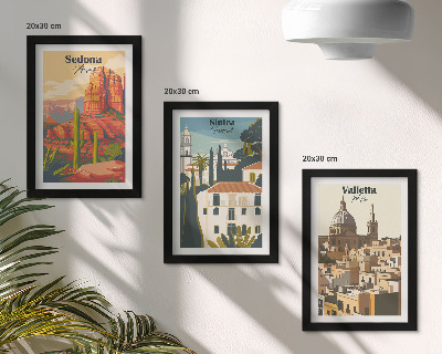 Tríptico com moldura Paisagens urbanas retrô de Sedona, Sintra e Valletta
