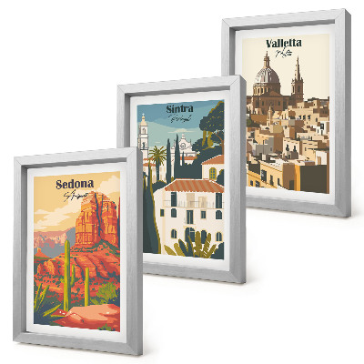 Tríptico com moldura Paisagens urbanas retrô de Sedona, Sintra e Valletta