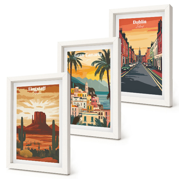 Conjunto de 3 quadros decorativos Paisagens urbanas e naturais em tons quentes.