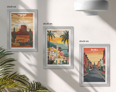 Conjunto de 3 quadros decorativos Paisagens urbanas e naturais em tons quentes.