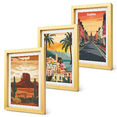 Conjunto de 3 quadros decorativos Paisagens urbanas e naturais em tons quentes.