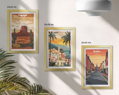 Conjunto de 3 quadros decorativos Paisagens urbanas e naturais em tons quentes.