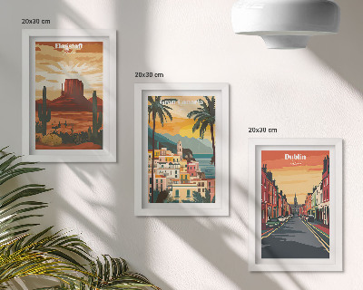 Conjunto de 3 quadros decorativos Paisagens urbanas e naturais em tons quentes.