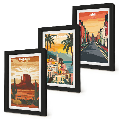 Conjunto de 3 quadros decorativos Paisagens urbanas e naturais em tons quentes.