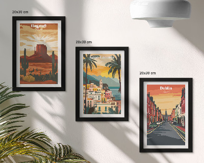 Conjunto de 3 quadros decorativos Paisagens urbanas e naturais em tons quentes.