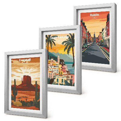 Conjunto de 3 quadros decorativos Paisagens urbanas e naturais em tons quentes.