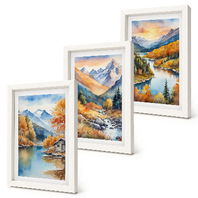 Tríptico com moldura Paisagem montanhosa com um rio e árvores de outono.